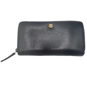 Gucci Animalier Tiger Head Long Wallet Black Calfskin Leather Zip Around COA